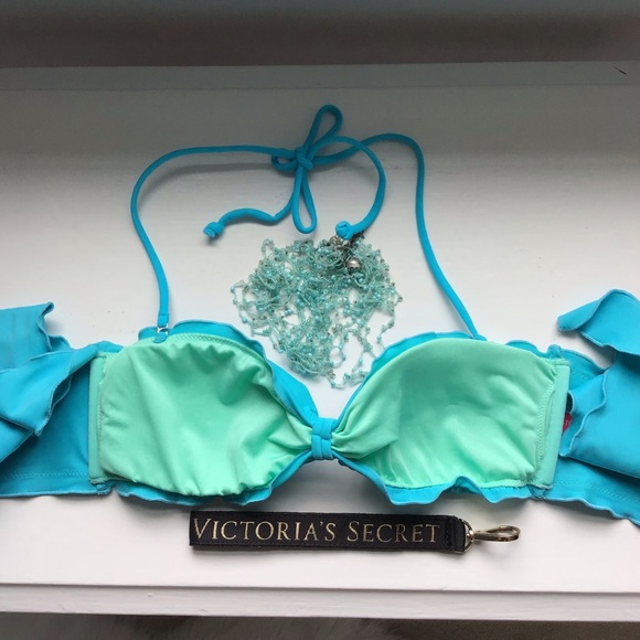 Victoria’s Secret Turquoise Blue Ruffled Halter Bandeau Bikini Top With Straps - Picture 7 of 9